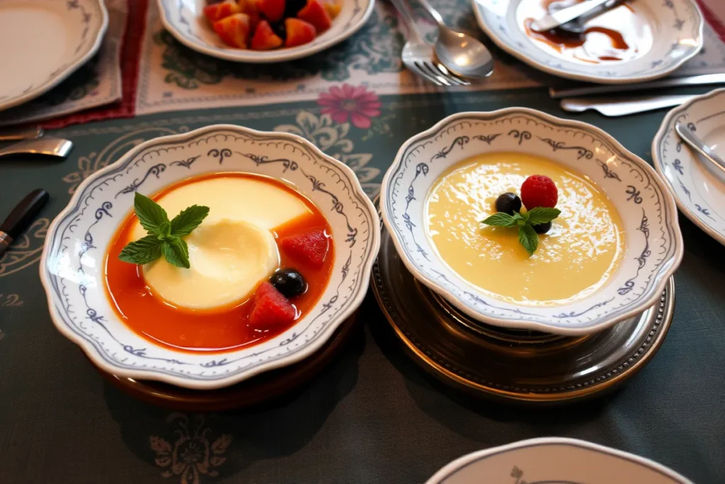 Quesillo and leche flan on a festive dining table with garnishes.