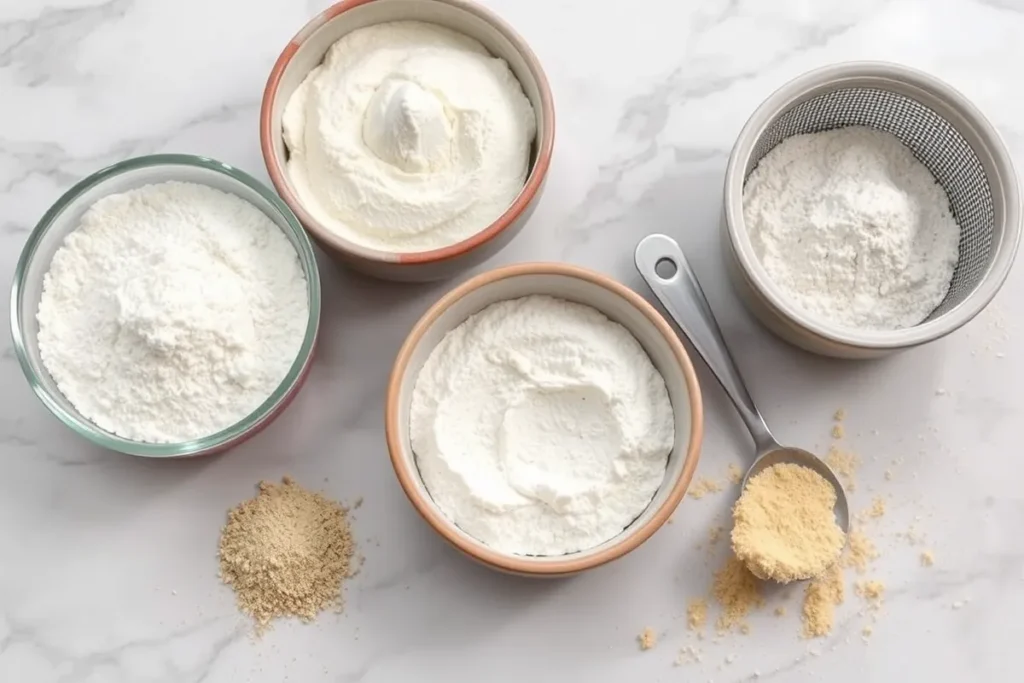 Various flour types displayed in bowls with a sifter on a countertop.