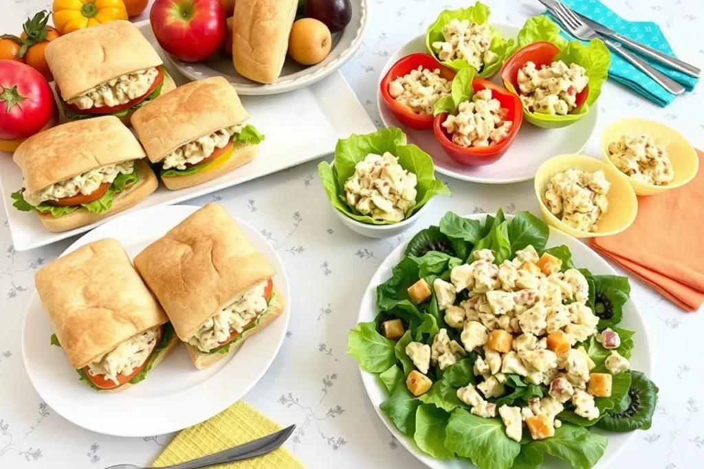 A variety of chicken salad serving styles including sandwiches and lettuce cups.