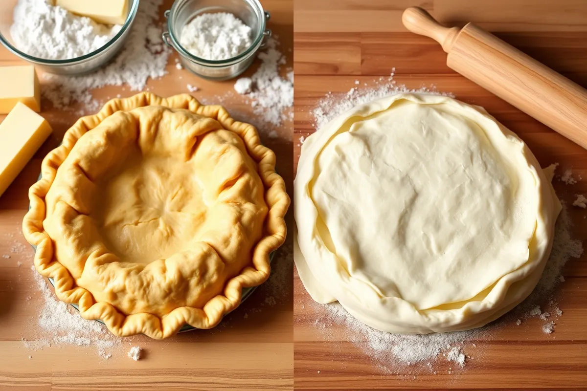 Comparison of pie dough and puff pastry on a kitchen countertop.