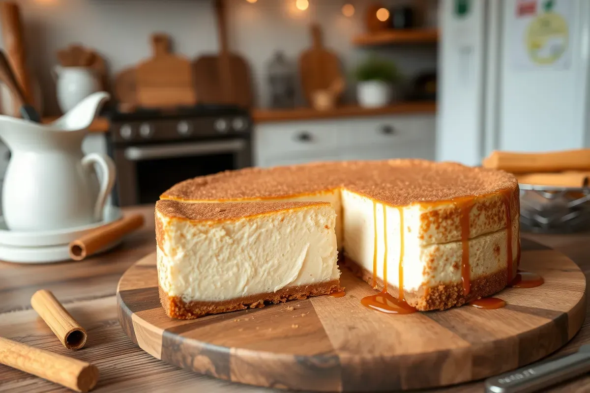 A close-up of a churro cheesecake topped with cinnamon sugar and caramel drizzle.