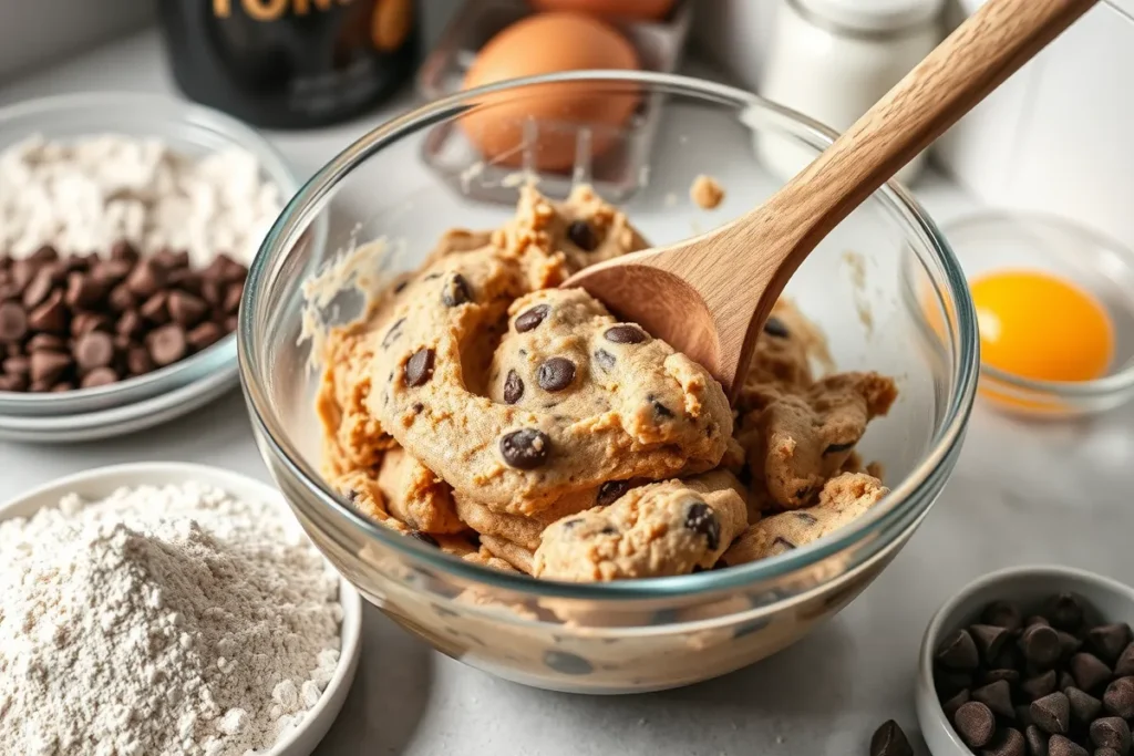 Mixing cookie dough with protein powder and ingredients.