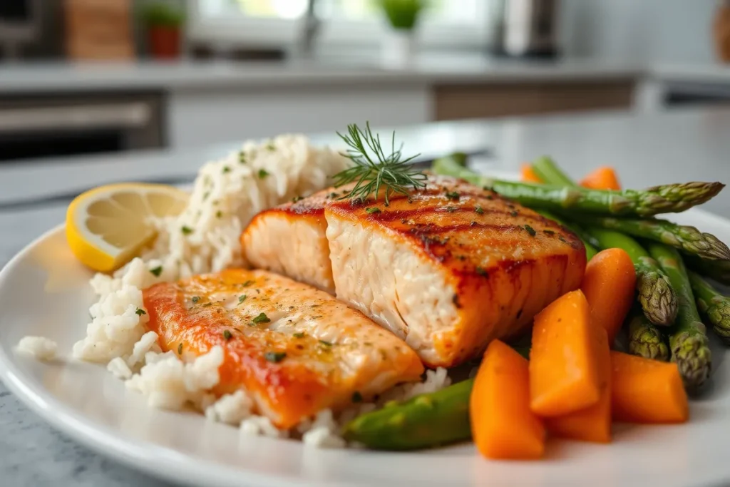 Baked salmon with rice and vegetables on a plate