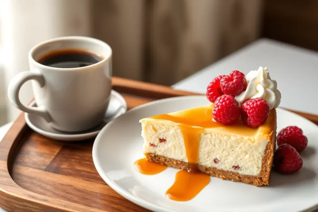 A slice of churro cheesecake with caramel drizzle, fresh berries, and whipped cream.
