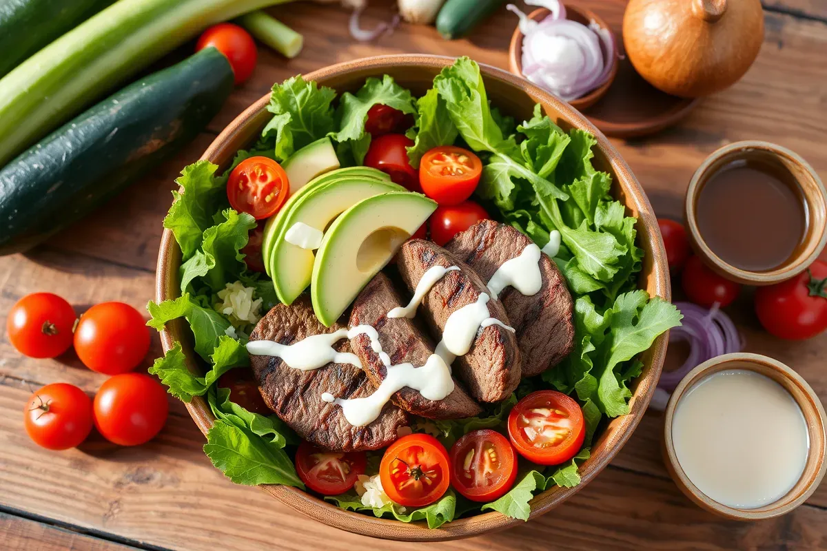 Colorful burger bowl with greens, grilled beef, avocado, and fresh toppings