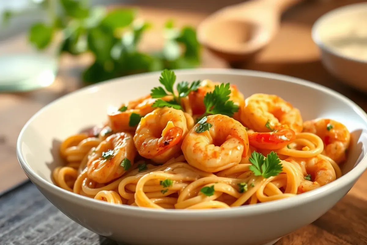 Cajun chicken and shrimp pasta garnished with parsley.