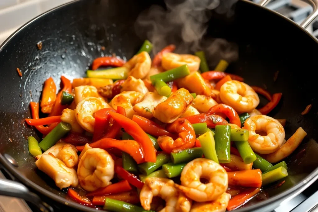  Stir-fried chicken, shrimp, and vegetables in garlic ginger sauce.