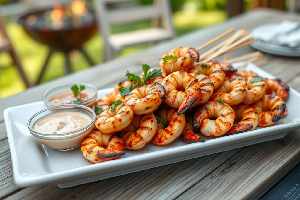 Grilled BBQ shrimp skewers with dipping sauce on a rustic table.