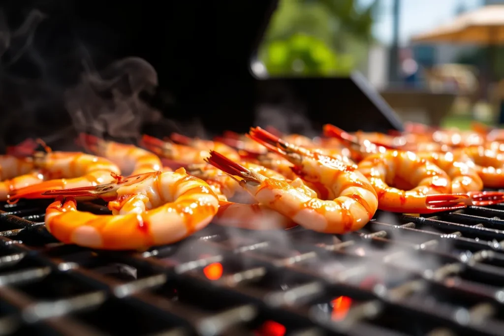 Shrimp being grilled on a charcoal barbecue with flames and smoke.