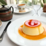 Leche flan with caramel topping on a white plate, a traditional Filipino dessert.