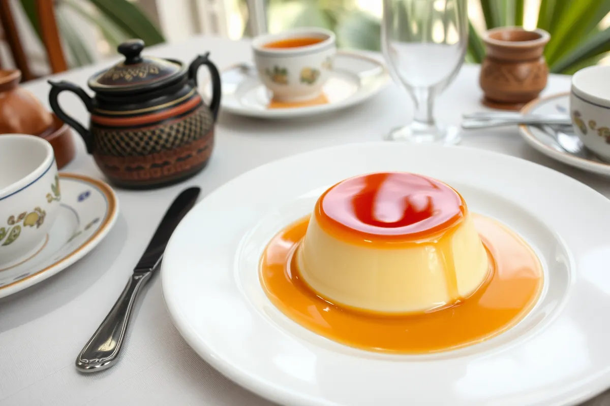 Leche flan with caramel topping on a white plate, a traditional Filipino dessert.