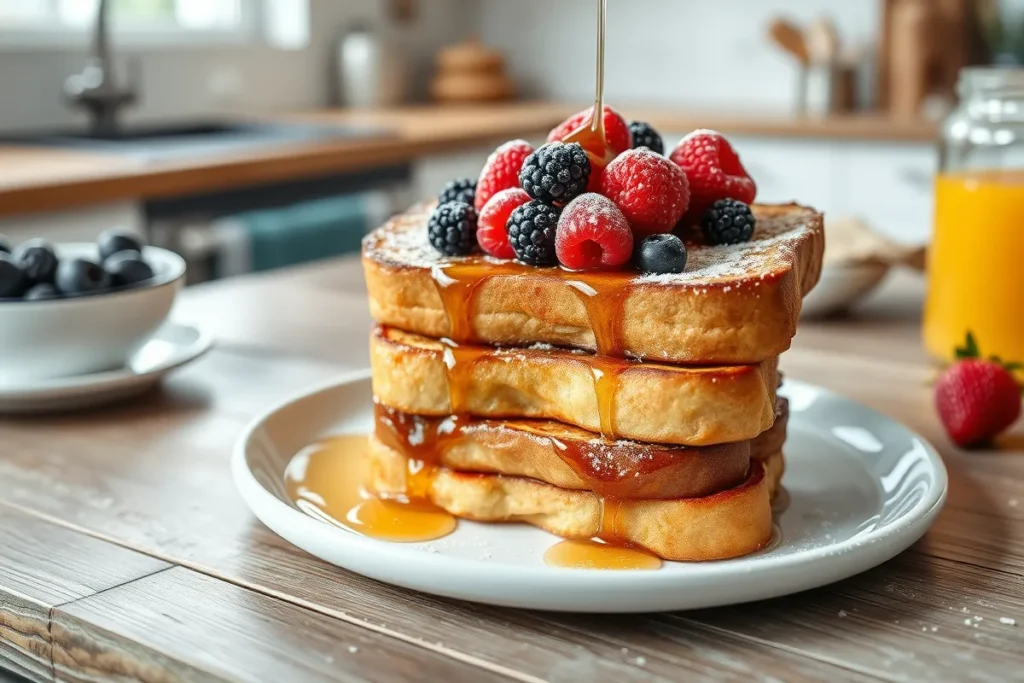 Stack of sourdough French toast with berries and syrup.