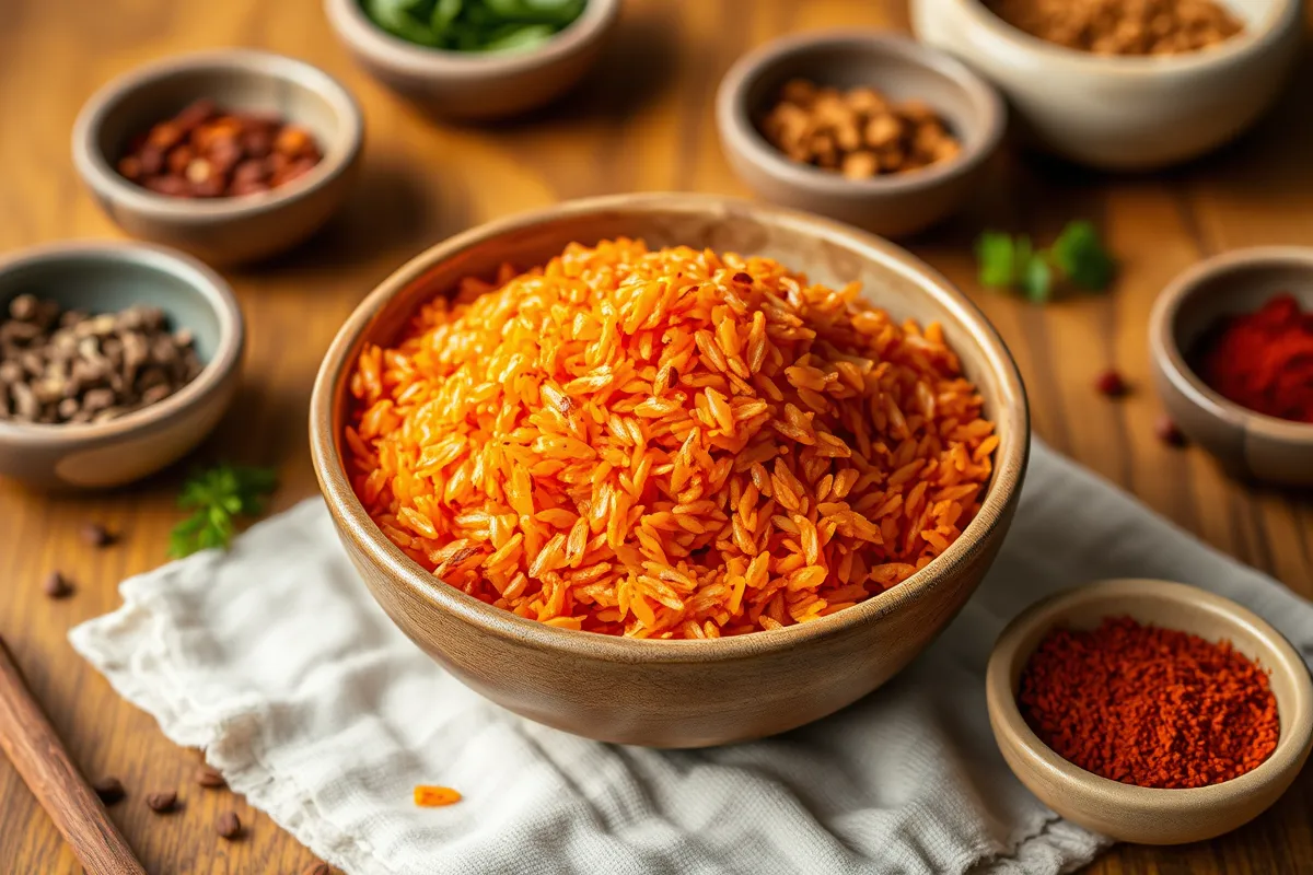 A rustic bowl of cooked red rice surrounded by spices and herbs on a wooden table.