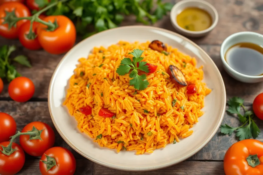 A red rice dish served with grilled vegetables and garnished with herbs.