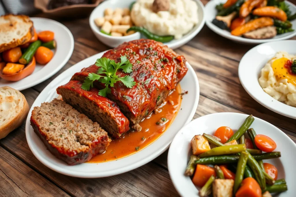 Italian meatloaf served with sides on a rustic table.