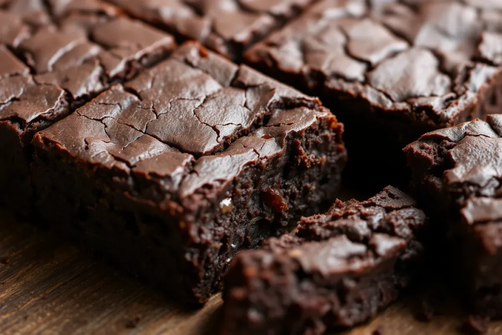 Close-up of fudgy brownies with gooey texture and a cracked top