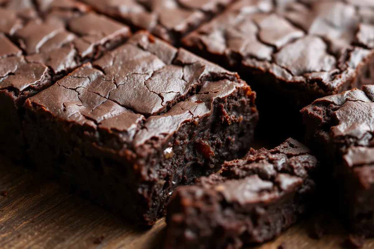 Close-up of fudgy brownies with gooey texture and a cracked top