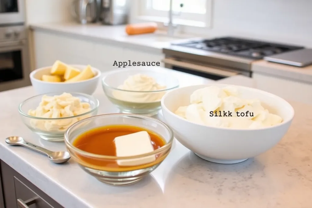 Kitchen scene with bowls of egg substitutes: mashed bananas, applesauce, flaxseed mixture, and silken tofu