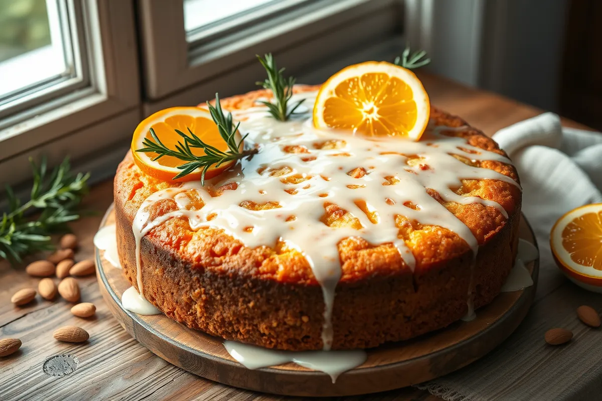 Almond cake topped with citrus glaze and orange slices.