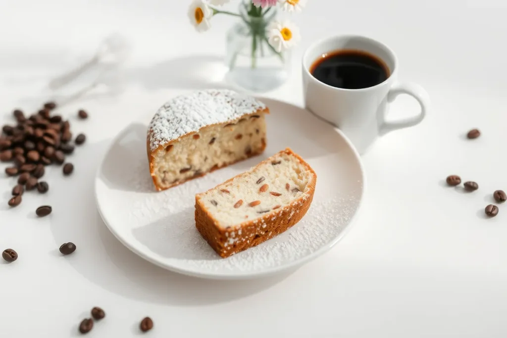 Almond cake served with espresso in a minimalist setting.