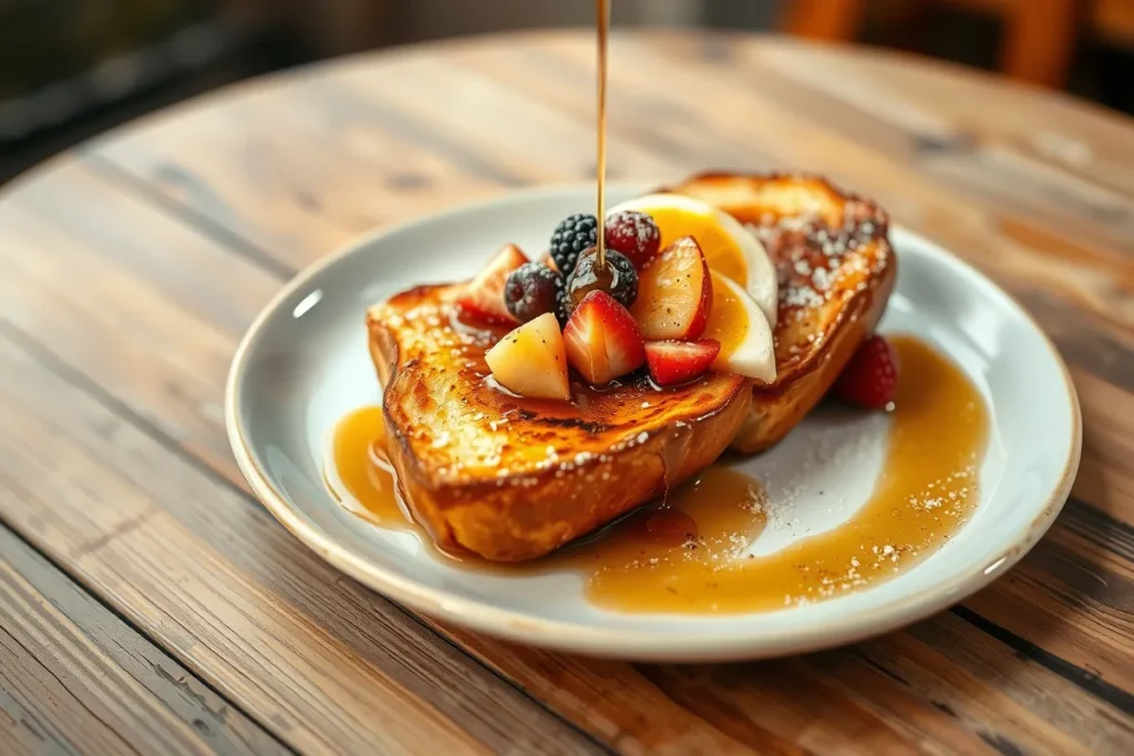 Sourdough French toast topped with berries and syrup on a wooden table.