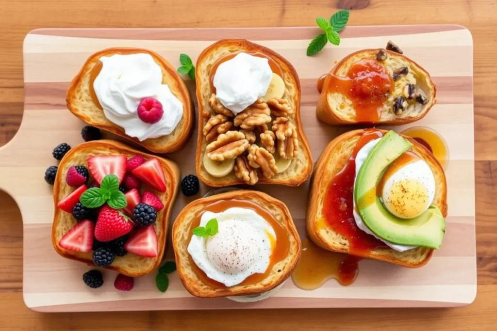 Sourdough French toast with sweet and savory toppings.