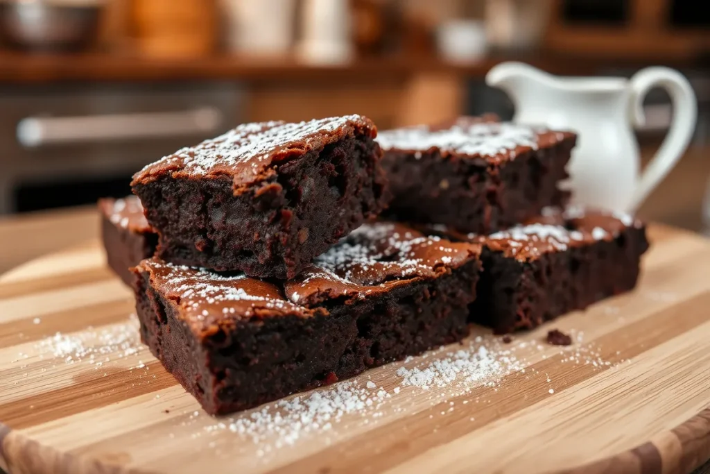 Close-up of fudgy brownies with powdered sugar and a pitcher of heavy cream.