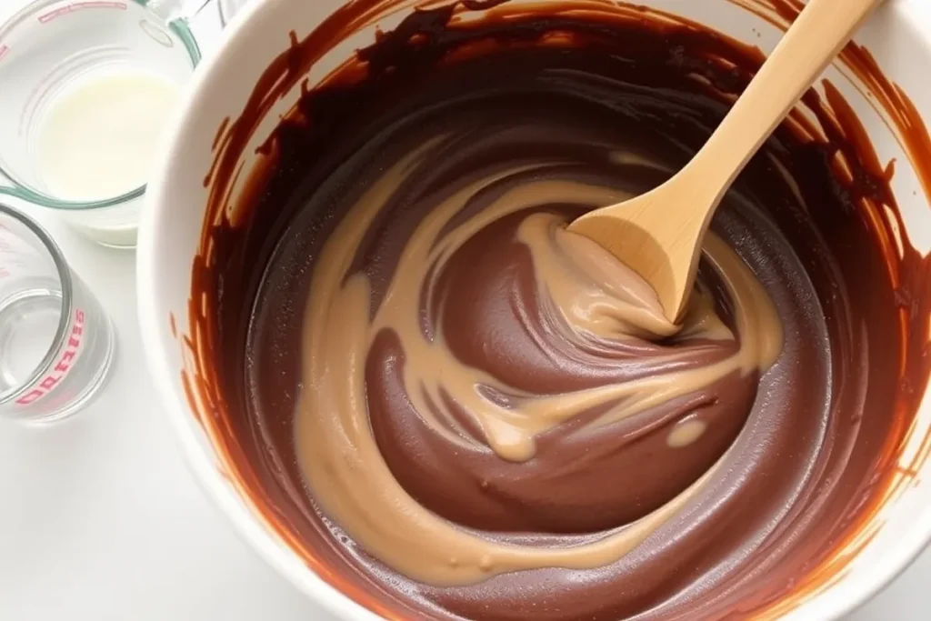 Mixing brownie batter with heavy cream and water in the background.