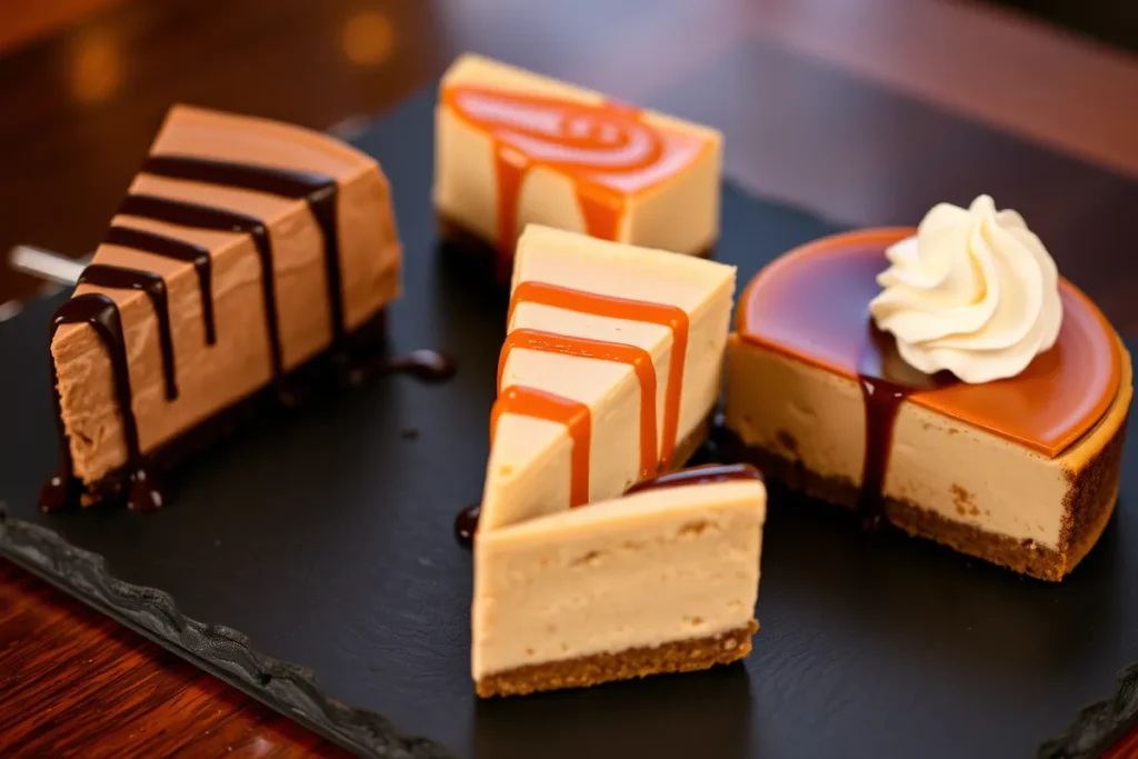 Decadent chocolate, salted caramel, and peanut butter cheesecakes.