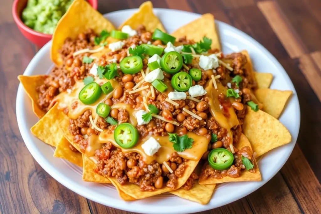 Sloppy Joe nachos with melted cheese and fresh garnishes.