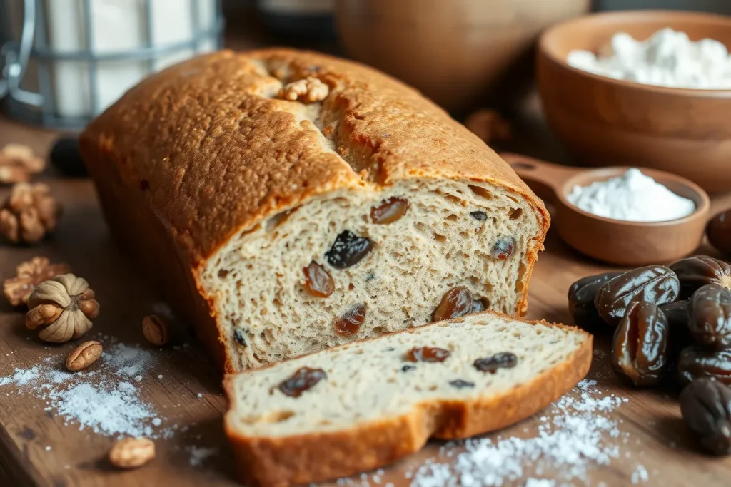 Freshly baked date nut bread surrounded by dates and walnuts.