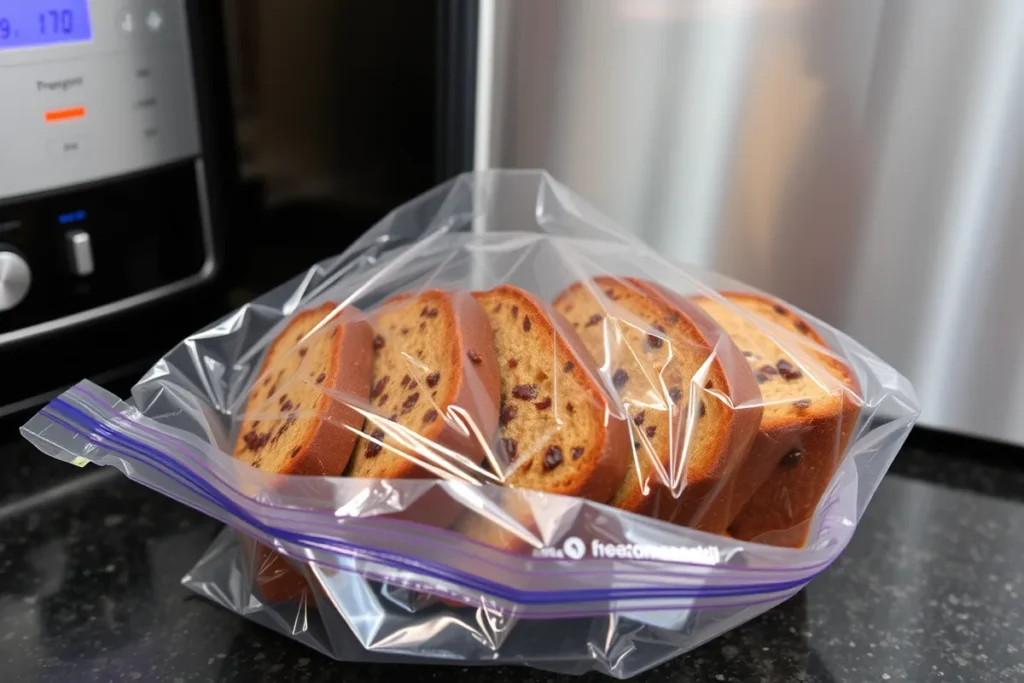 Sliced date nut bread wrapped and labeled for freezing.