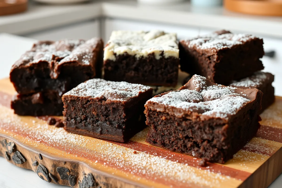 Three types of brownies: fudgy, cakey, and chewy on a wooden board.