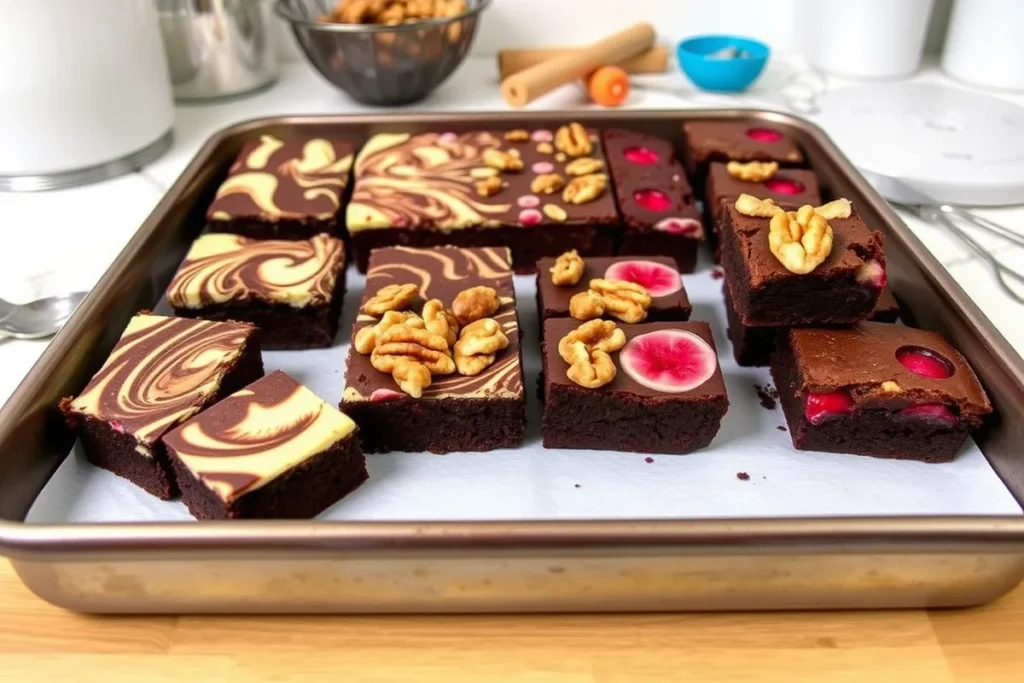 Specialty brownies: cheesecake swirl, nutty, and fruit-infused.