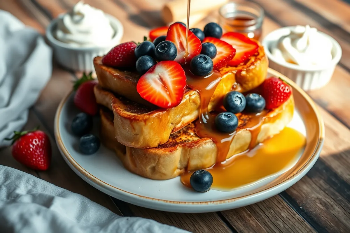 A plate of golden-brown French toast topped with fresh berries and maple syrup.