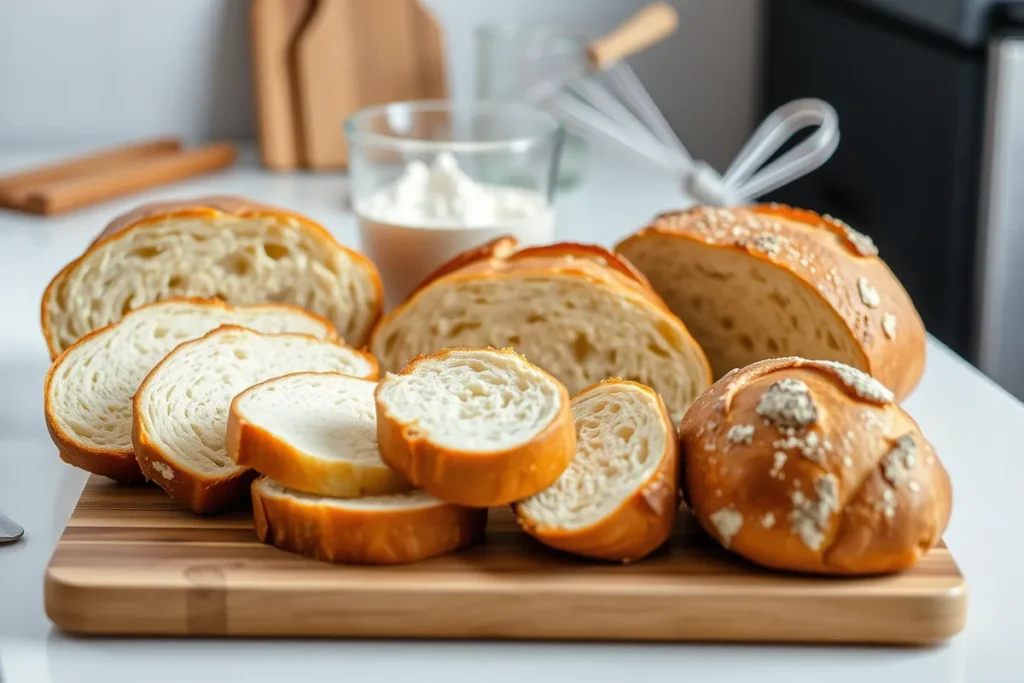 A variety of bread types ideal for making French toast, including brioche and challah.