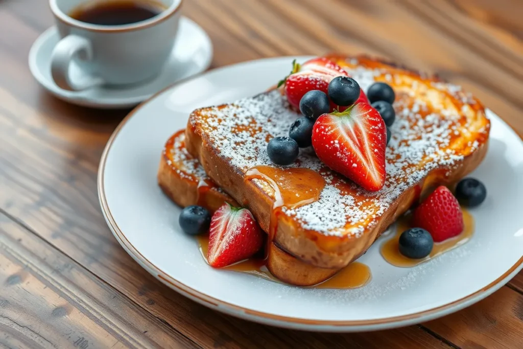 Classic French toast with strawberries, blueberries, and syrup.