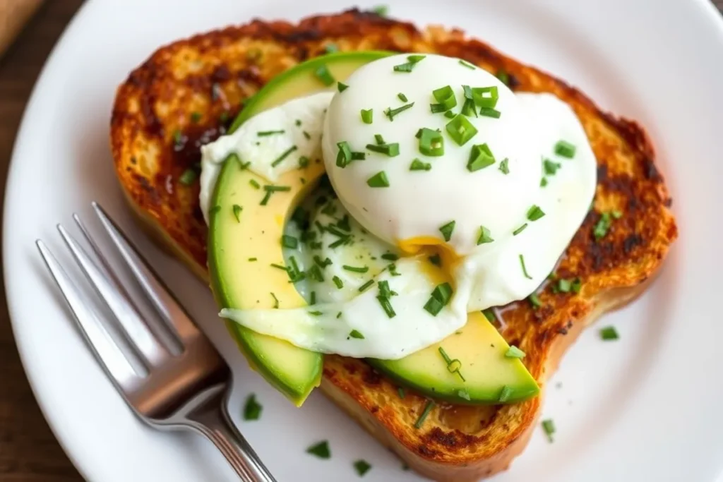 Savory French toast with avocado and poached egg.