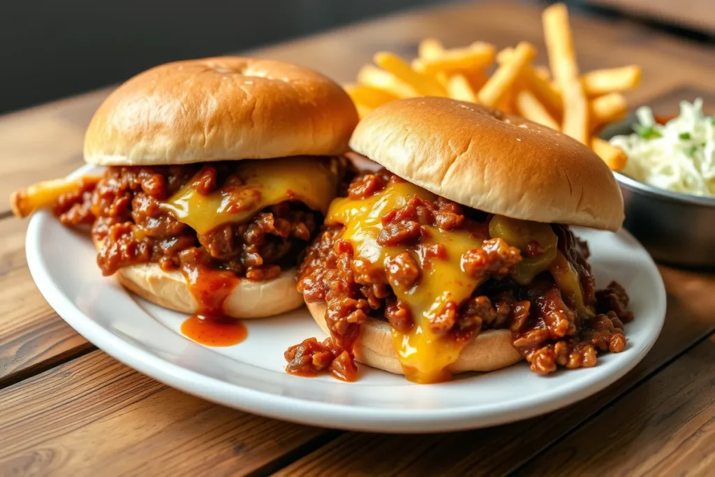 Sloppy joes with melted cheese, pickles, and coleslaw on a rustic wooden table.