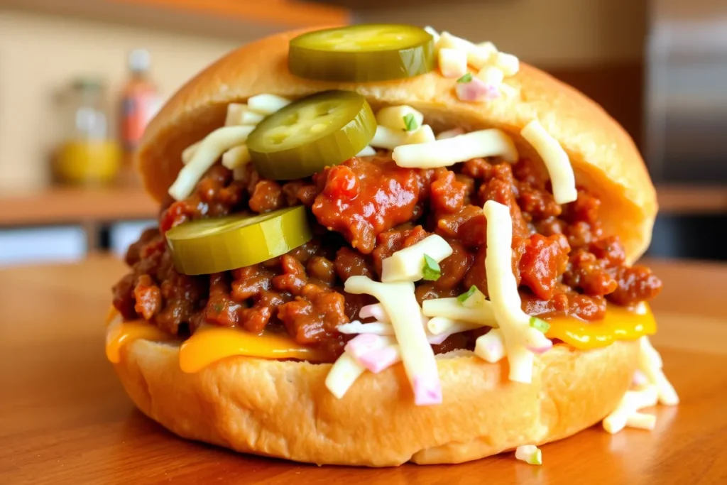 Sloppy joe topped with cheese, pickles, and coleslaw