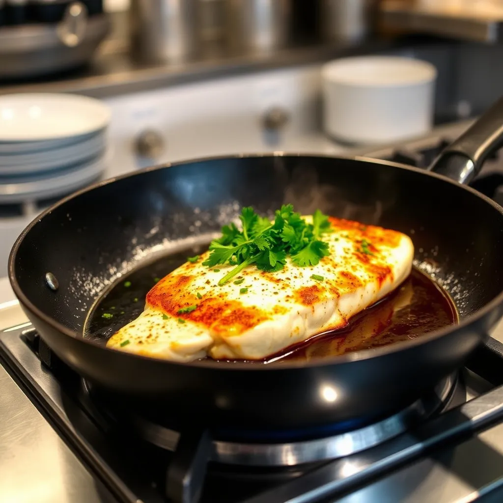 Pan-seared branzino fillet in a skillet, cooking to perfection