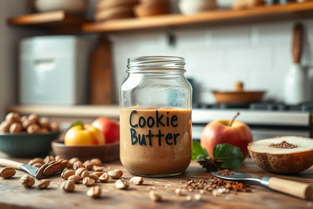 A jar of cookie butter substitute surrounded by natural ingredients like nuts, apples, and spices