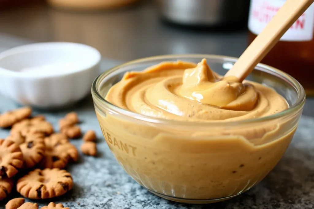 Homemade cookie butter substitute in a glass bowl with crushed cookies and honey.