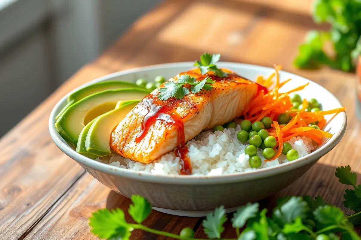 Vibrant salmon bowl with fresh ingredients.