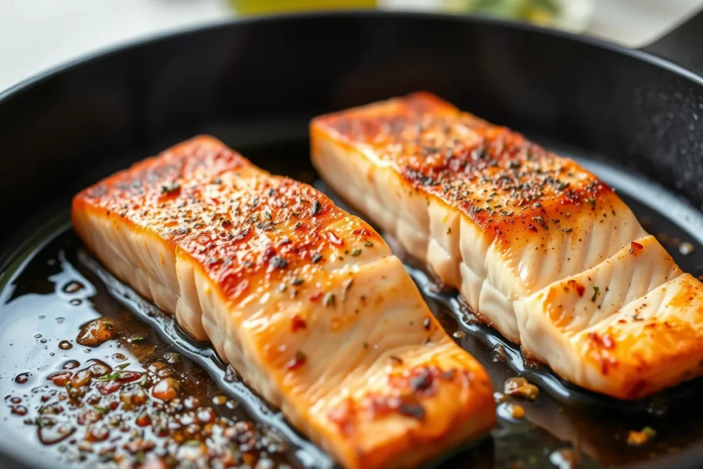 Pan-seared salmon fillets with a golden crust.