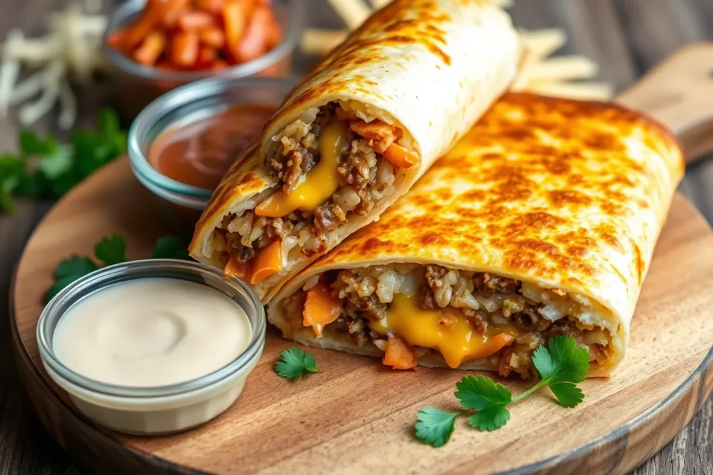 Grilled cheese burrito with crispy cheese crust and savory fillings