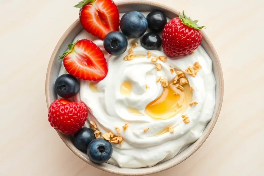 A bowl of creamy homemade Greek yogurt topped with fresh berries, honey, and granola.