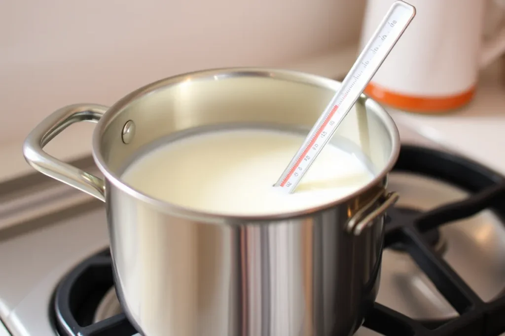 A saucepan with milk heating on the stove, with a thermometer inserted to monitor the temperature.