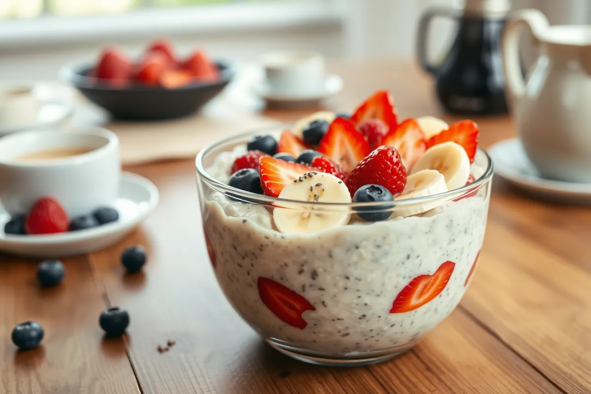 A bowl of creamy blended overnight oats topped with fresh fruits and chia seeds.