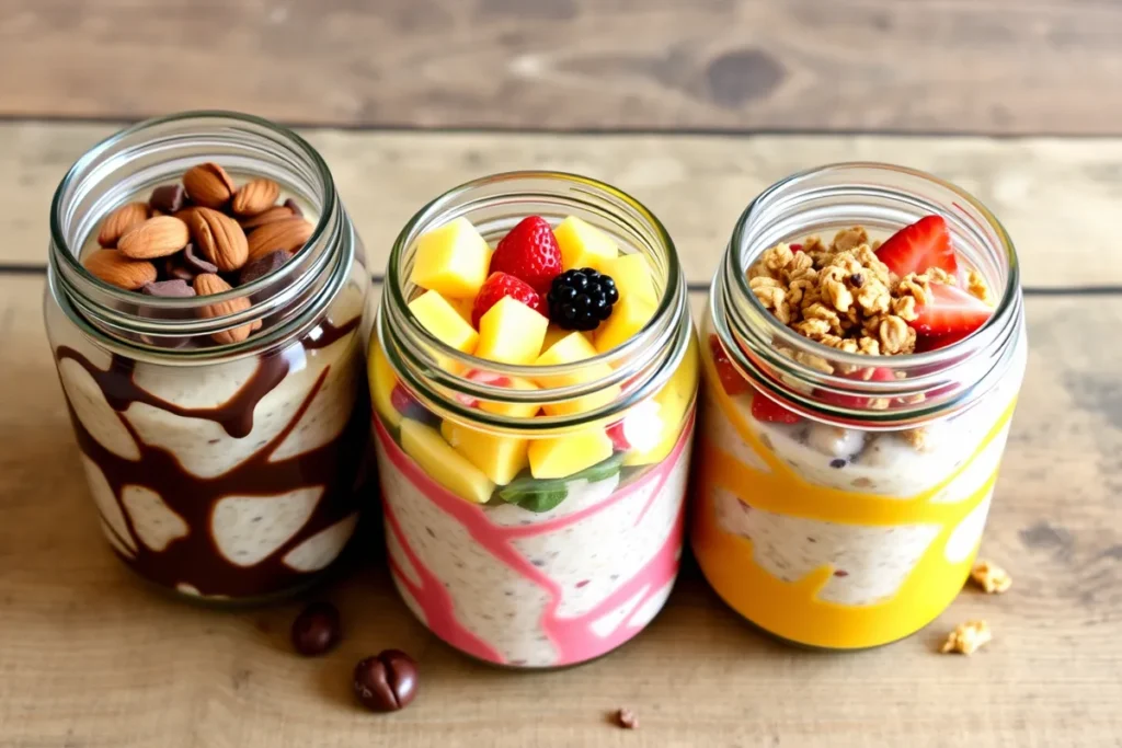 Three jars of blended overnight oats with different toppings: chocolate and almonds, tropical fruits, and strawberries with granola.